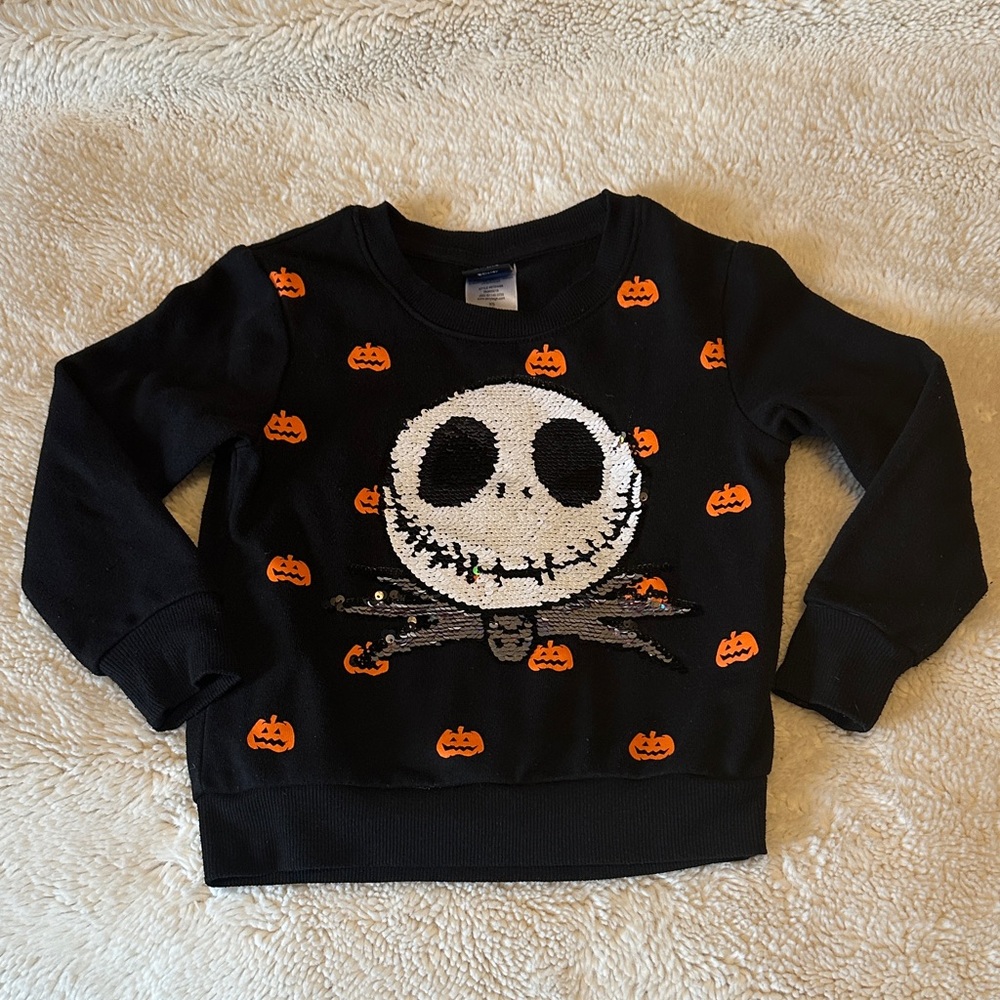 Disney Black and Orange Jack Skellington Sweatshirt, flip sequin girls XS (4/5T)